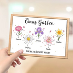 Personalisierter Holzaufsteller mit Geburtsblumen - Omas Garten