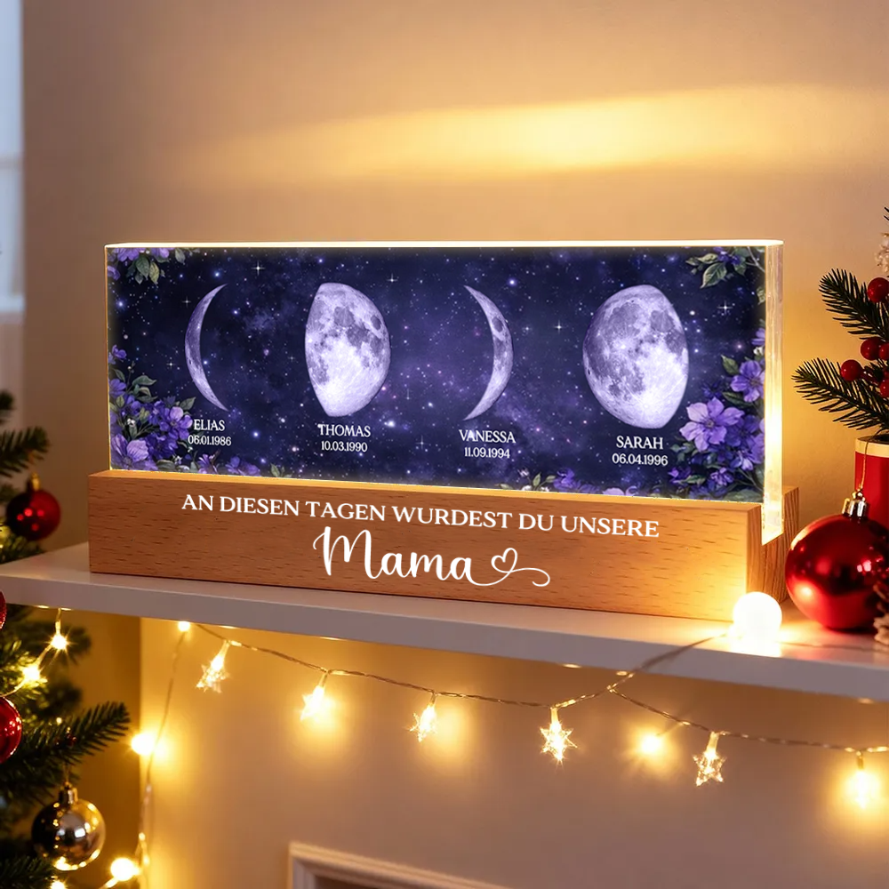 Lila Blumen - Personalisiertes LED-Nachtlicht mit Mondphasen und Text Geschenk für Mama und Oma