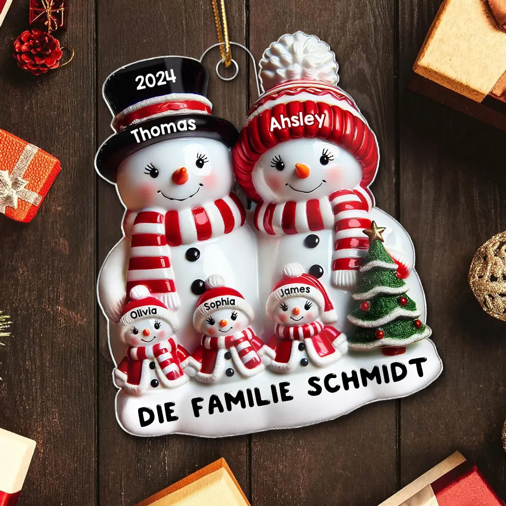 Schneemann-Familie Glanzeffekt Weihnachtsdekoration – Personalisierter Acrylanhänger