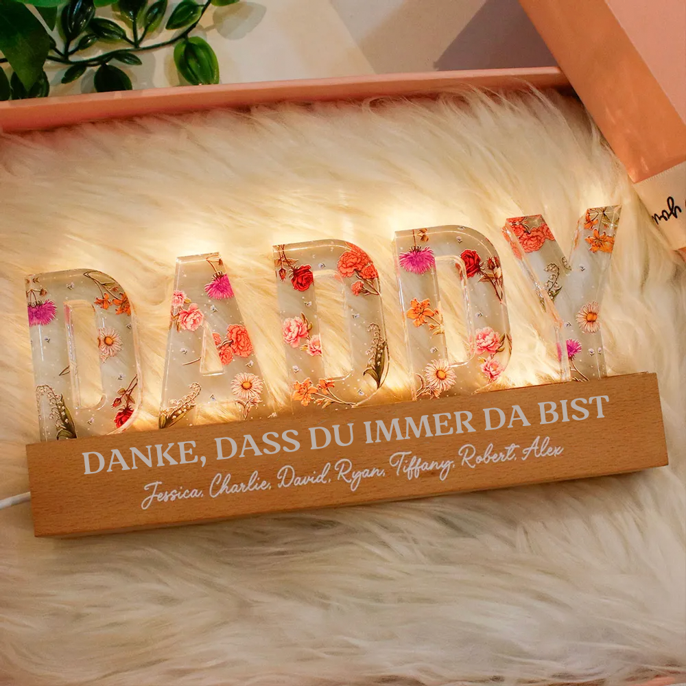 Personalisiertes DADDY-Nachtlicht mit Geburtsblumen, Sprüche und Namen Geschenke für Papa