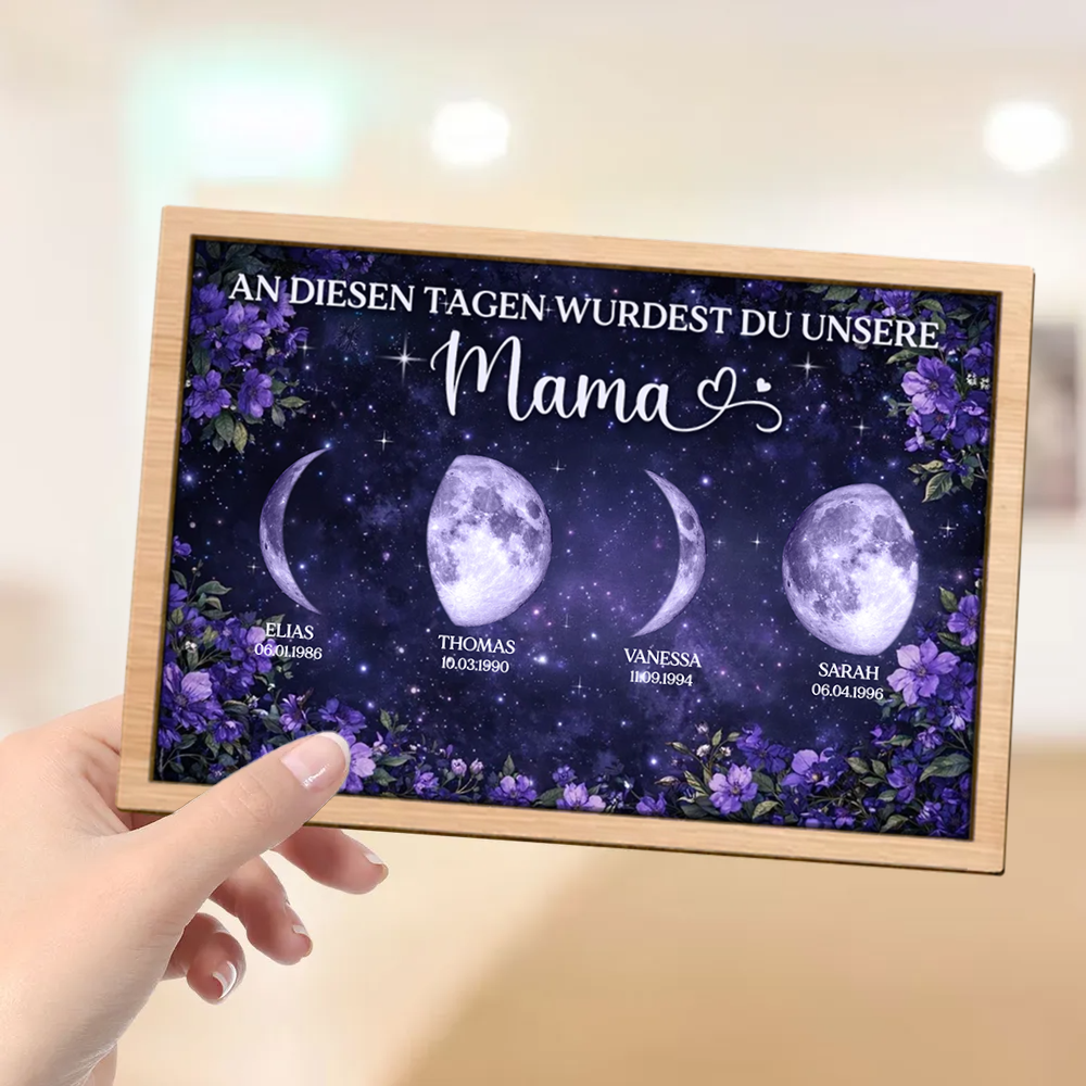 Lila Blumen und Mondphasen Personalisierter Holzaufsteller Geschenk für Mama