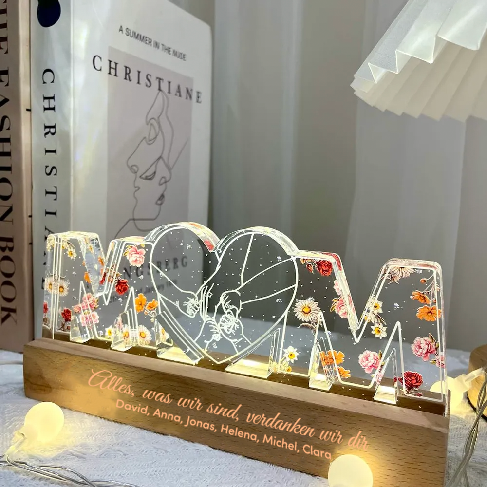 Personalisierte MOM-Nachtlicht mit Geburtsblumen und Hand-in-Hand Muster