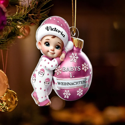 Personalisierte 2D flache Acryl Ornament-Baby hält Kugel erste Weihnachten