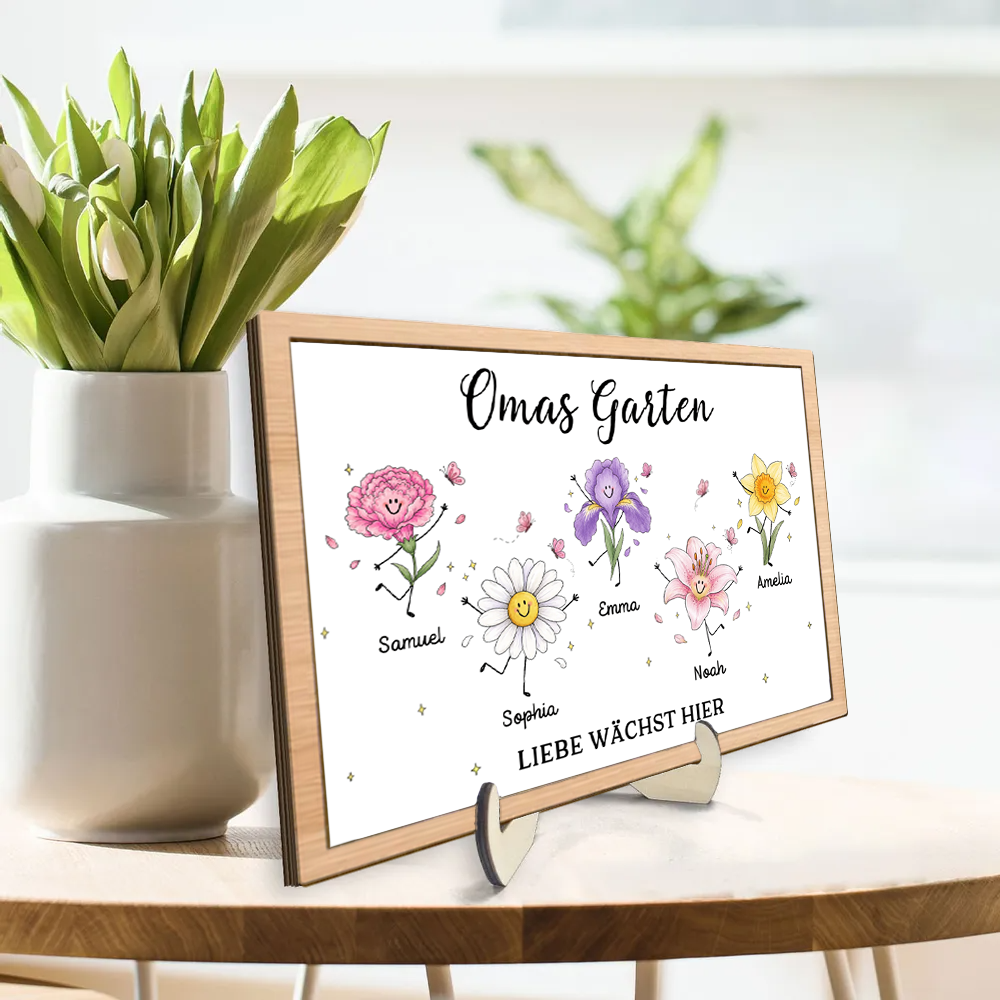 Personalisierter Holzaufsteller mit Geburtsblumen - Omas Garten