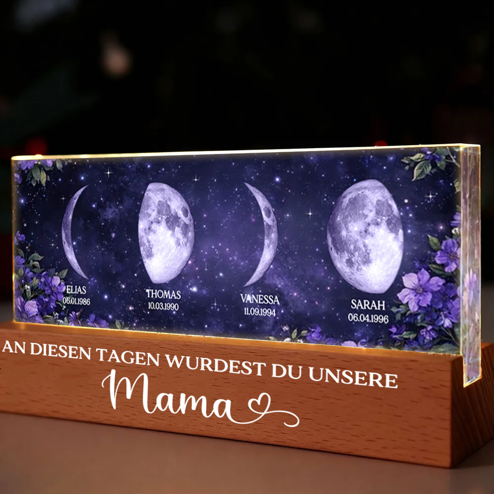 Lila Blumen - Personalisiertes LED-Nachtlicht mit Mondphasen und Text Geschenk für Mama und Oma
