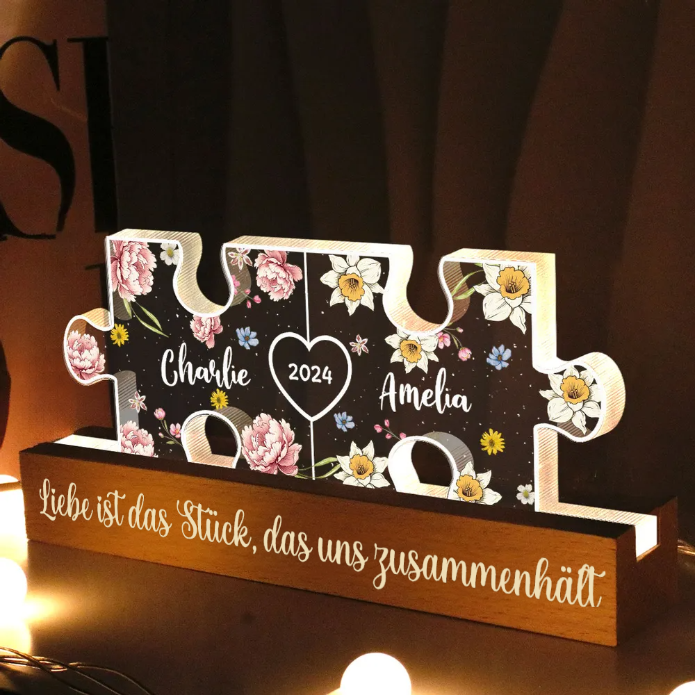 Puzzle-Personalisertes Nachtlicht mit Geburtsblumen für Liebespaar