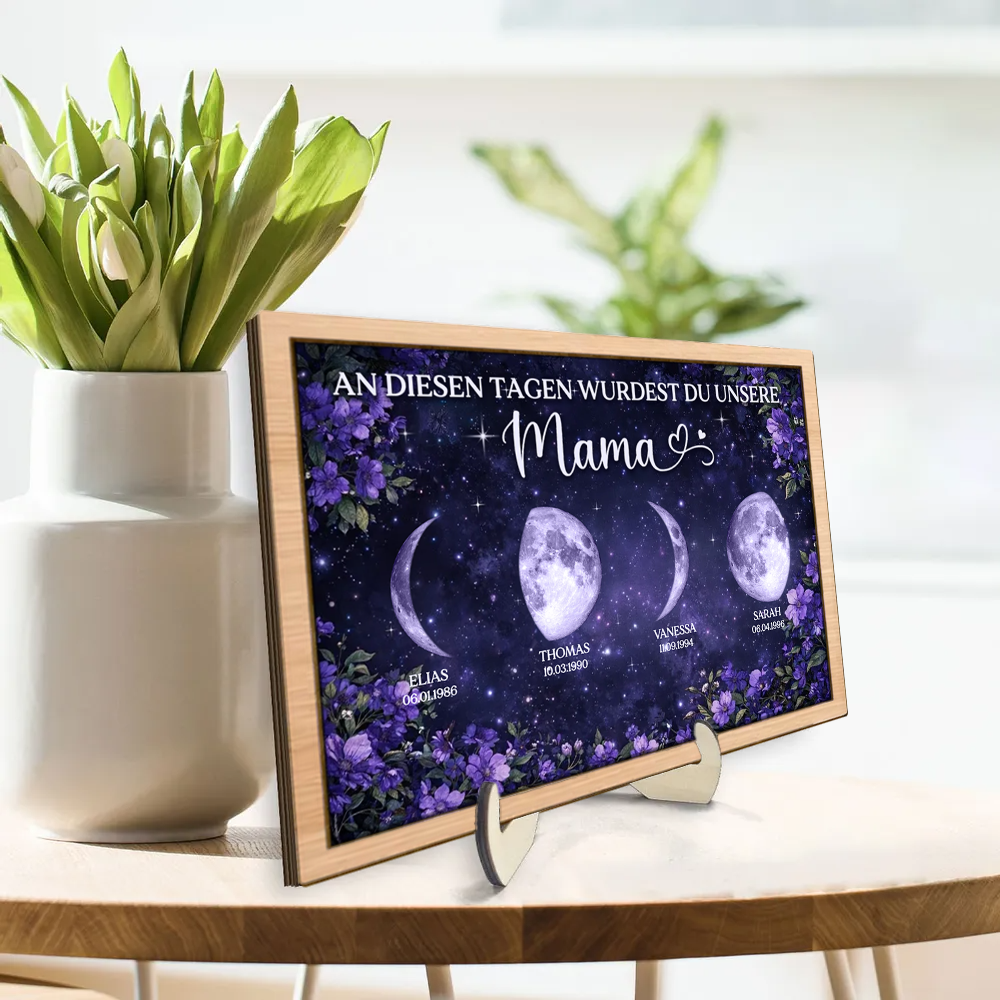 Lila Blumen und Mondphasen Personalisierter Holzaufsteller Geschenk für Mama