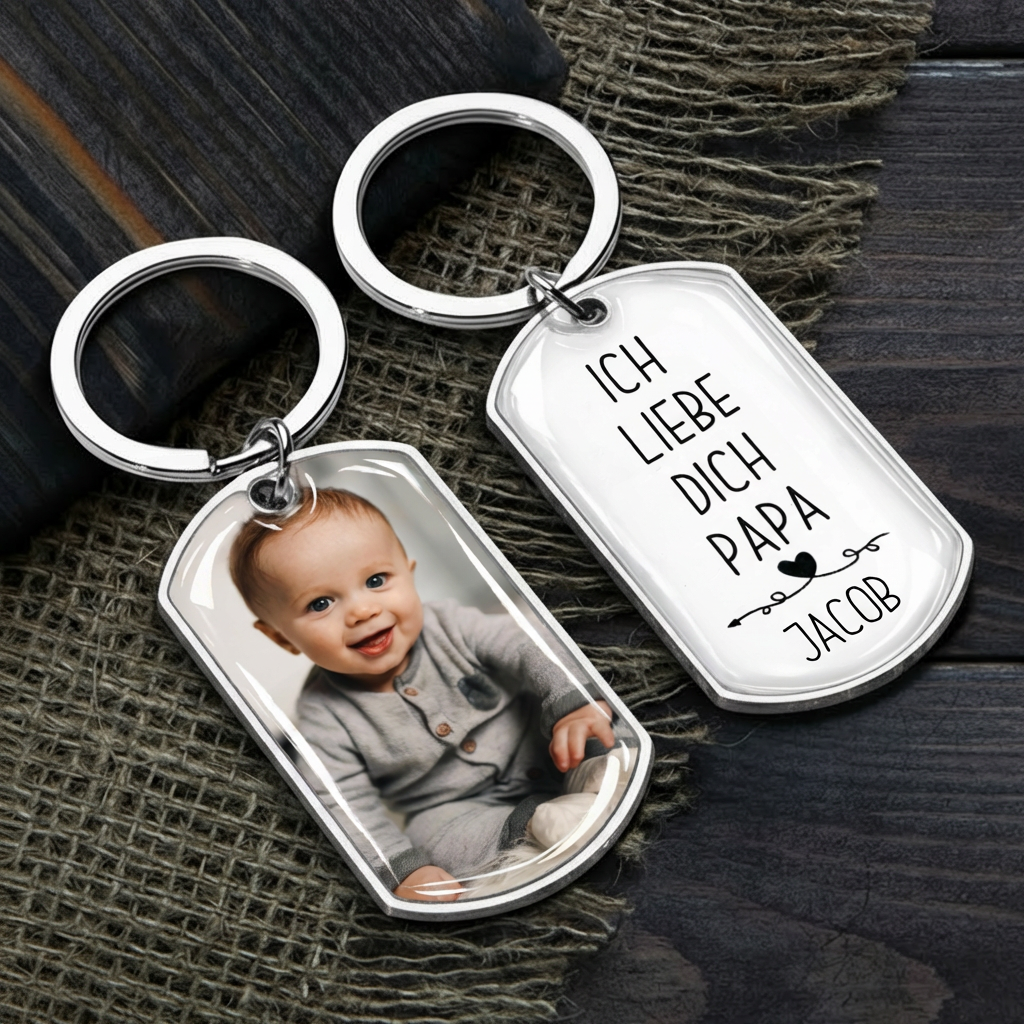 Ich liebe dich Papa/Mama - Foto Schlüsselanhänger mit Gravur Edelstahl-Schlüsselanhänger mit Expoxidharz