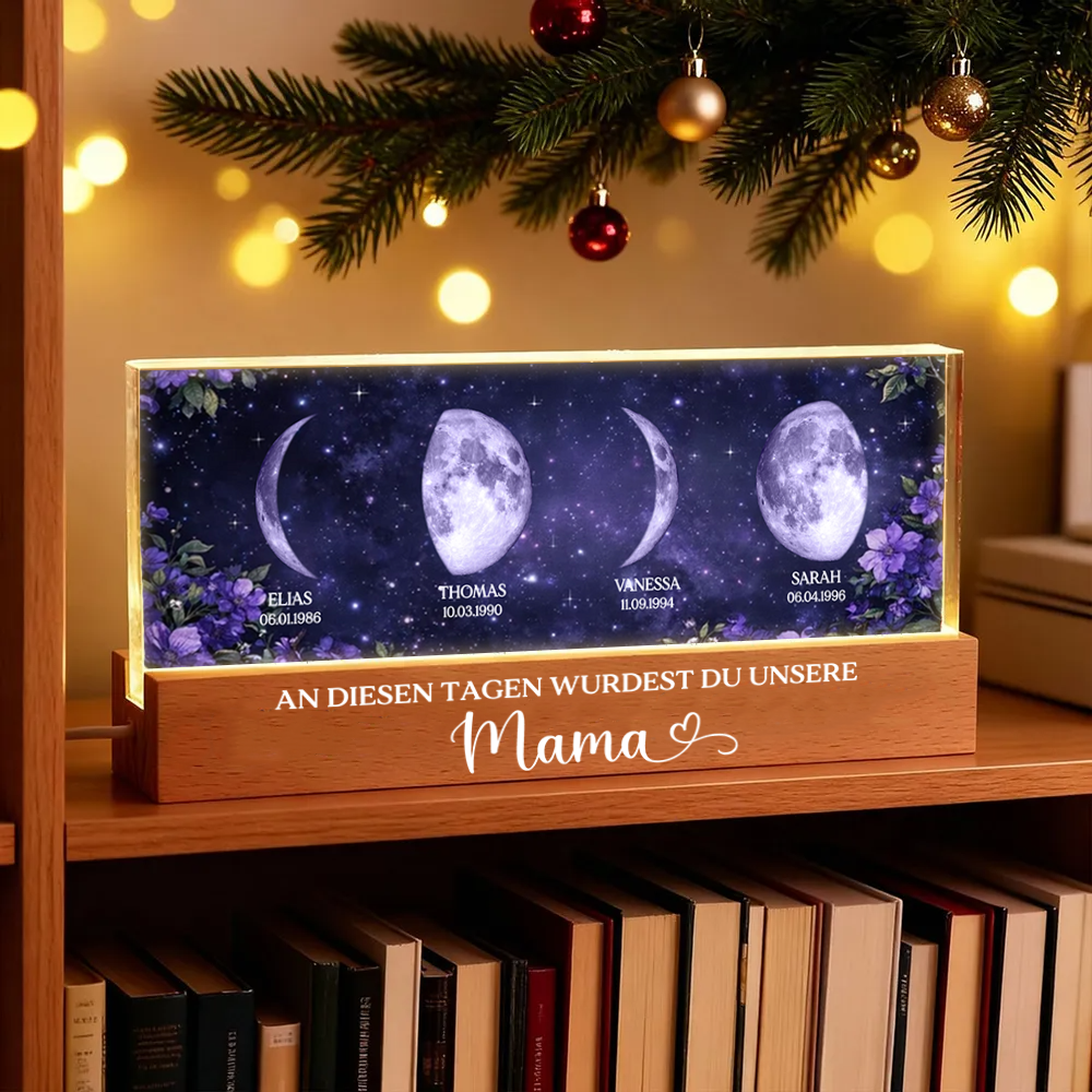 Lila Blumen - Personalisiertes LED-Nachtlicht mit Mondphasen und Text Geschenk für Mama und Oma