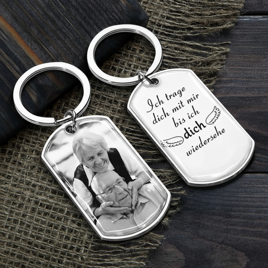 Foto Schlüsselanhänger mit Gravur Edelstahl-Schlüsselanhänger mit Expoxidharz Trauergeschenk