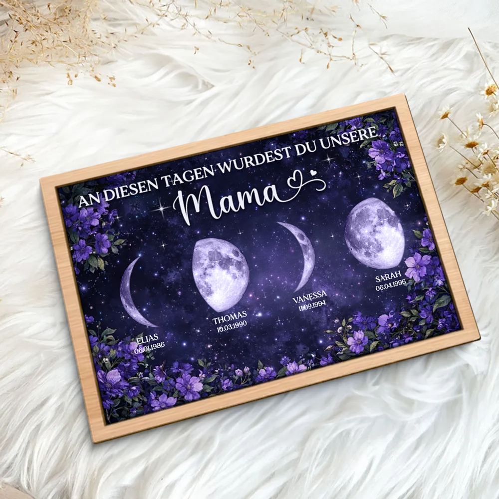 Lila Blumen und Mondphasen Personalisierter Holzaufsteller Geschenk für Mama