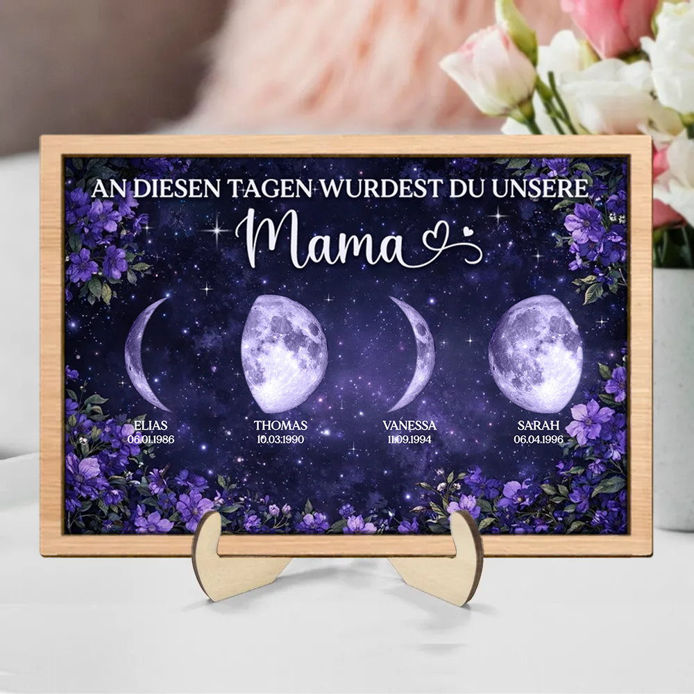 Lila Blumen und Mondphasen Personalisierter Holzaufsteller Geschenk für Mama