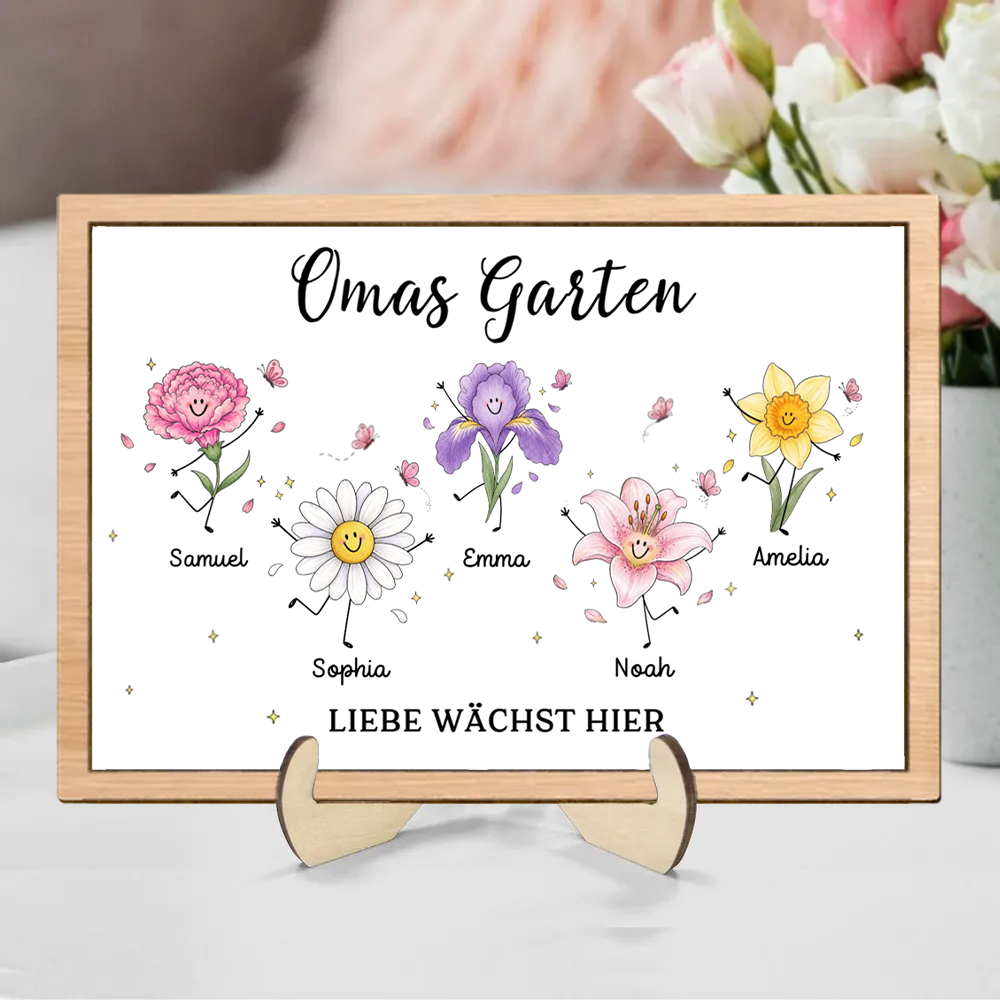 Personalisierter Holzaufsteller mit Geburtsblumen - Omas Garten