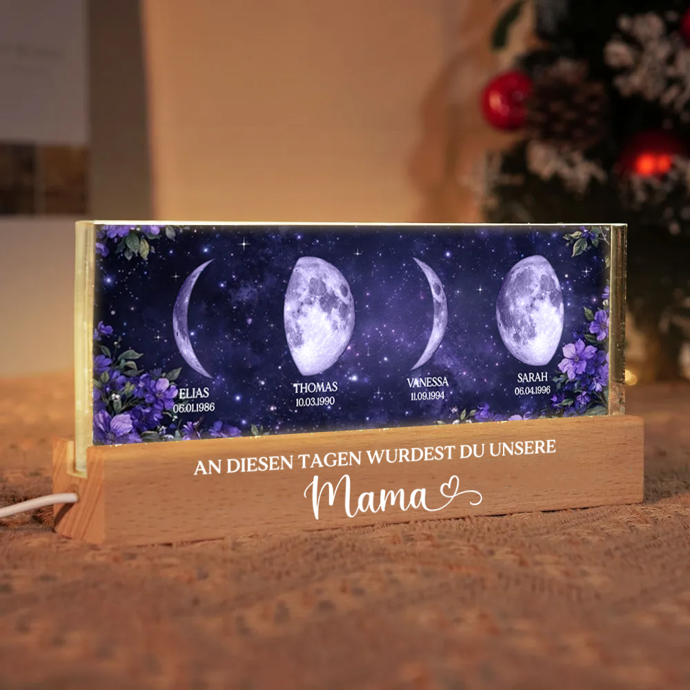 Lila Blumen - Personalisiertes LED-Nachtlicht mit Mondphasen und Text Geschenk für Mama und Oma