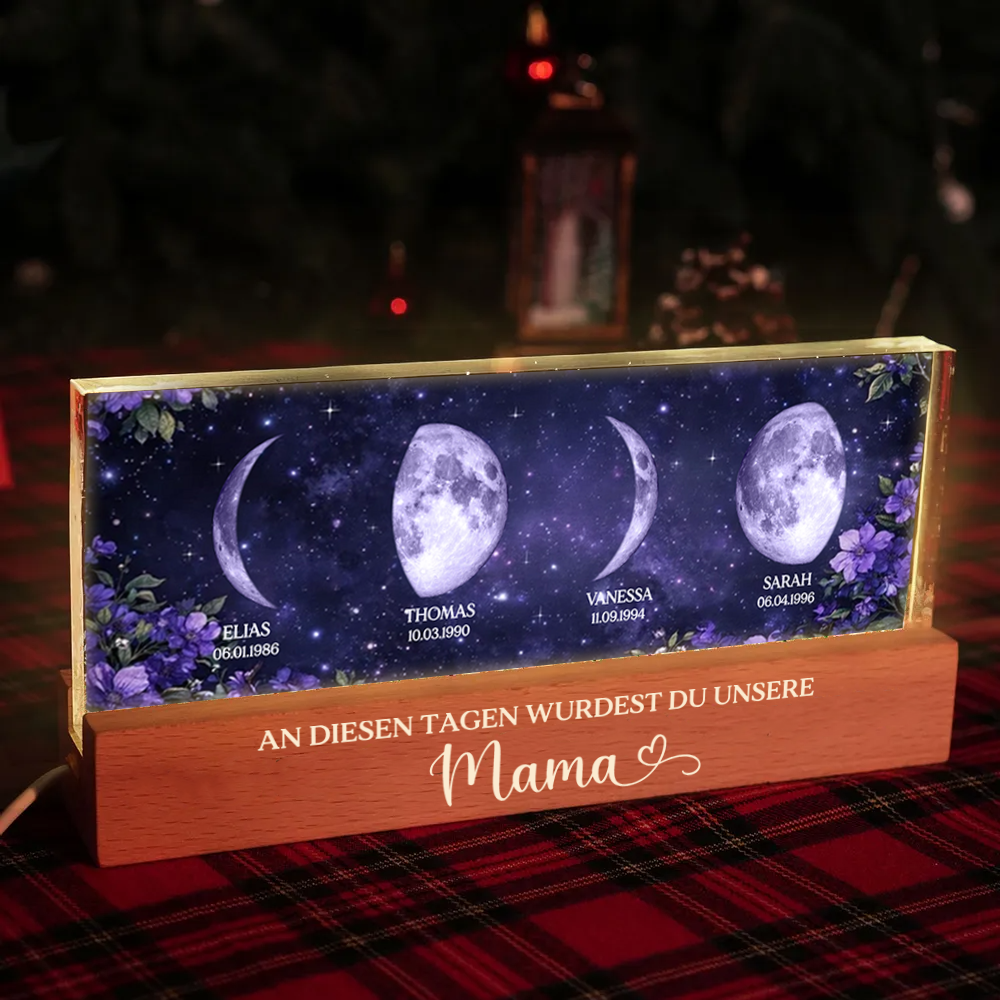 Lila Blumen - Personalisiertes LED-Nachtlicht mit Mondphasen und Text Geschenk für Mama und Oma