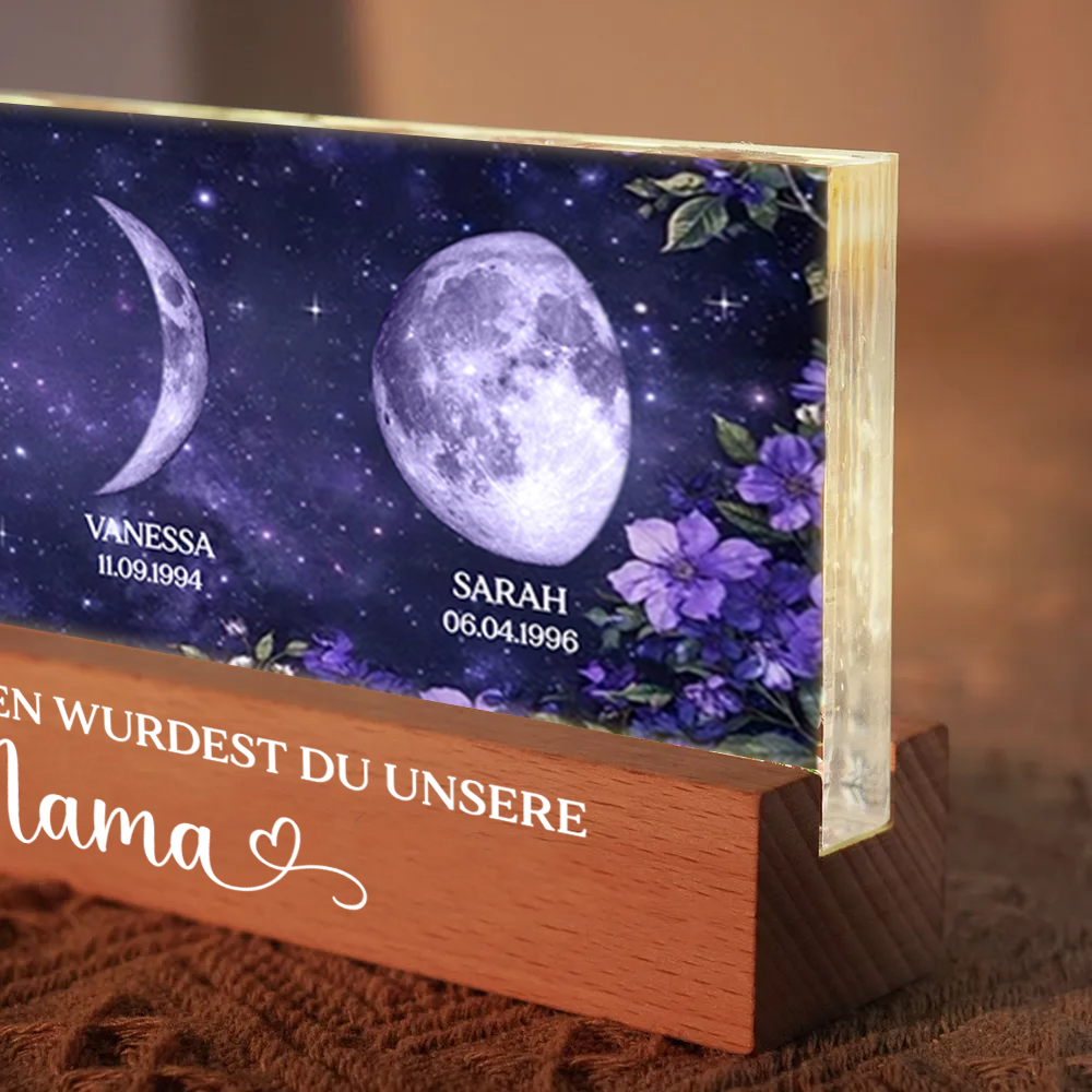 Lila Blumen - Personalisiertes LED-Nachtlicht mit Mondphasen und Text Geschenk für Mama und Oma