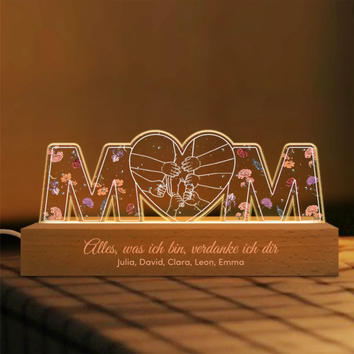 Personalisierte MOM-Nachtlicht mit Geburtsblumen und Hand-in-Hand Muster