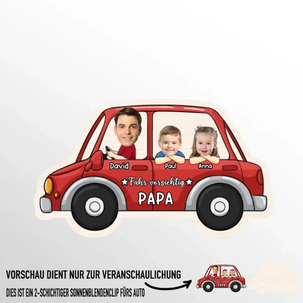 Fahr Vorsichtig- Personalisierter Sonnenblendenclip mit Foto für Fahrer, Papa und Mama