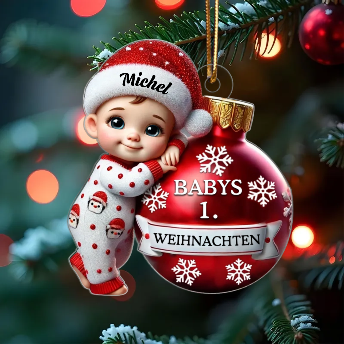 Personalisierte 2D flache Acryl Ornament-Baby hält Kugel erste Weihnachten