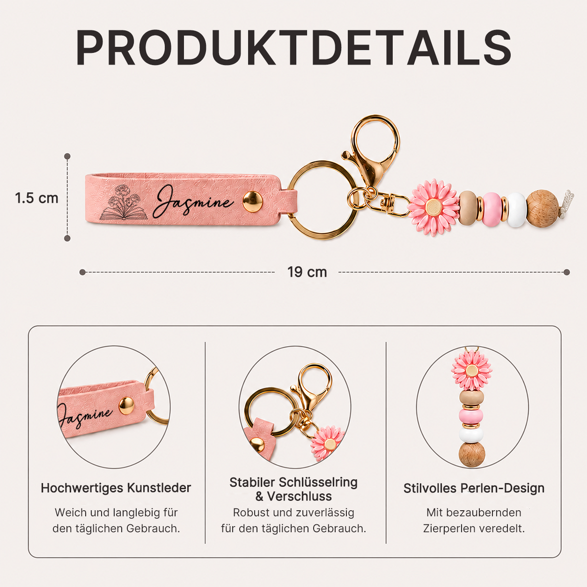 Personalisierter Leder-Schlüsselanhänger mit Geburtsblume und Namen
