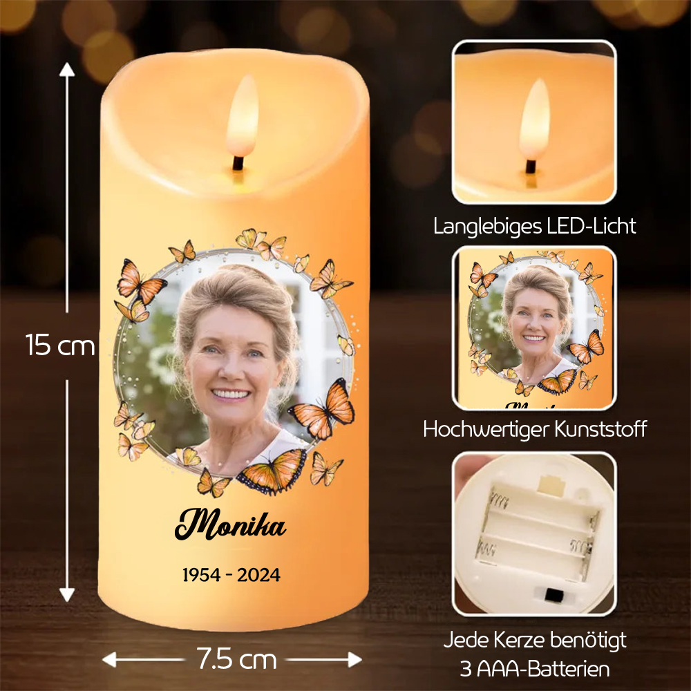 Personalisierte Trauerkerze mit Schmetterlingen LED-Kerze mit Foto