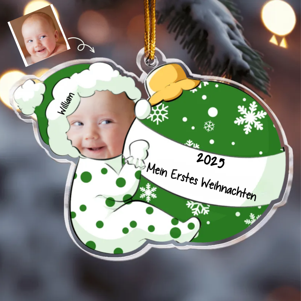 Baby und Weihnachtskugel Foto Weihnachtsschmuck mit Name Acylschmuck