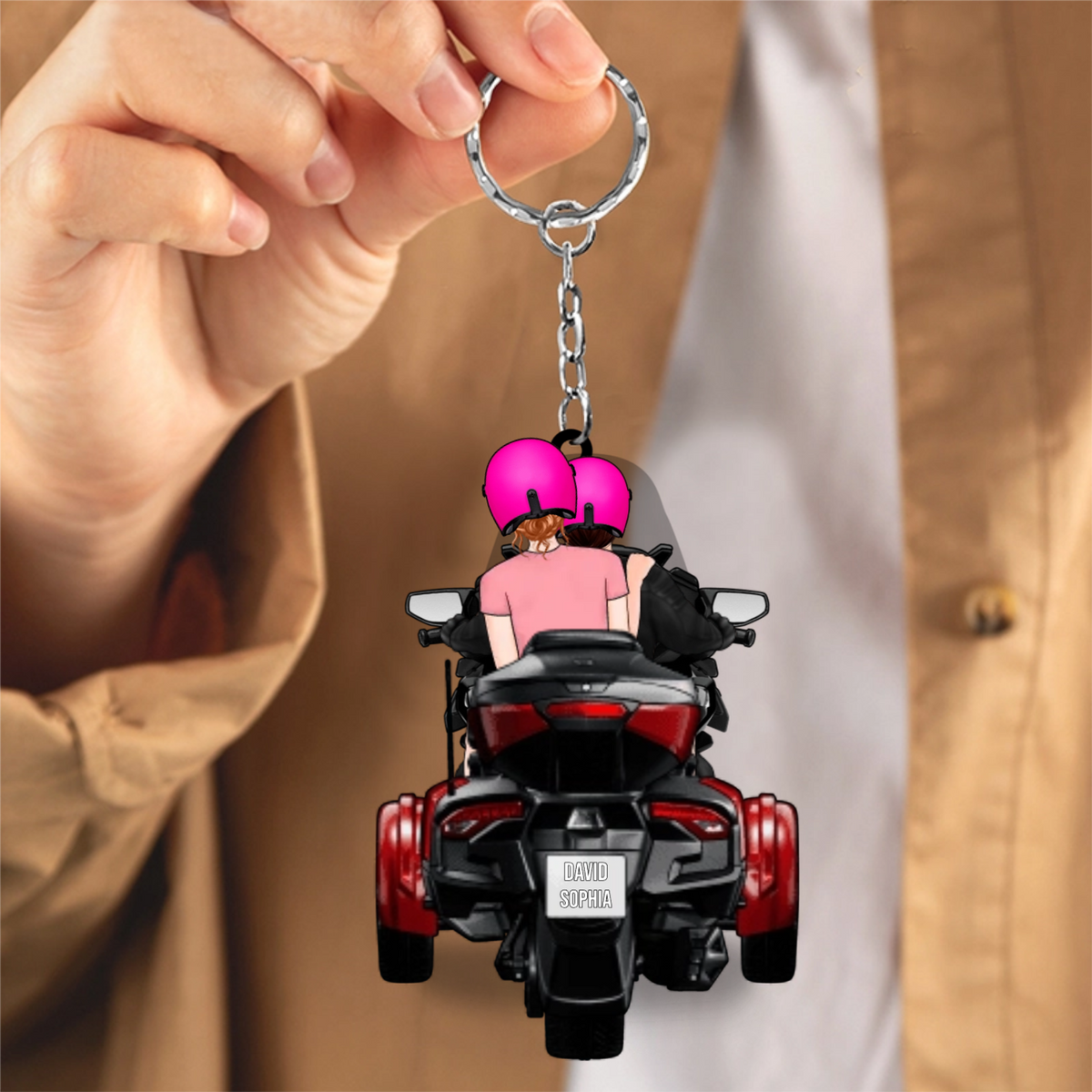 Paar auf Motorrad - Acrylschlüsselanhänger mit Figuren und Namen