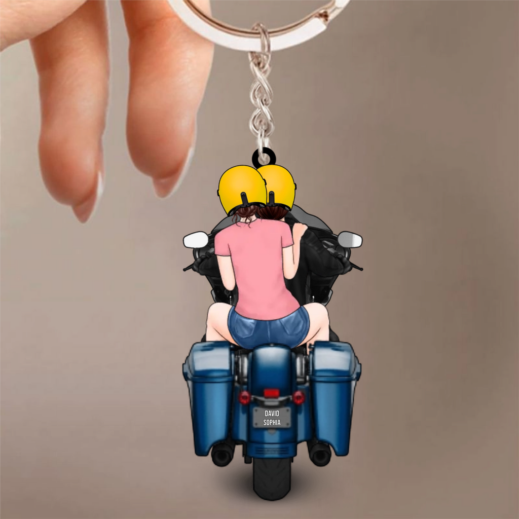 Paar auf Motorrad - Acrylschlüsselanhänger mit Figuren und Namen