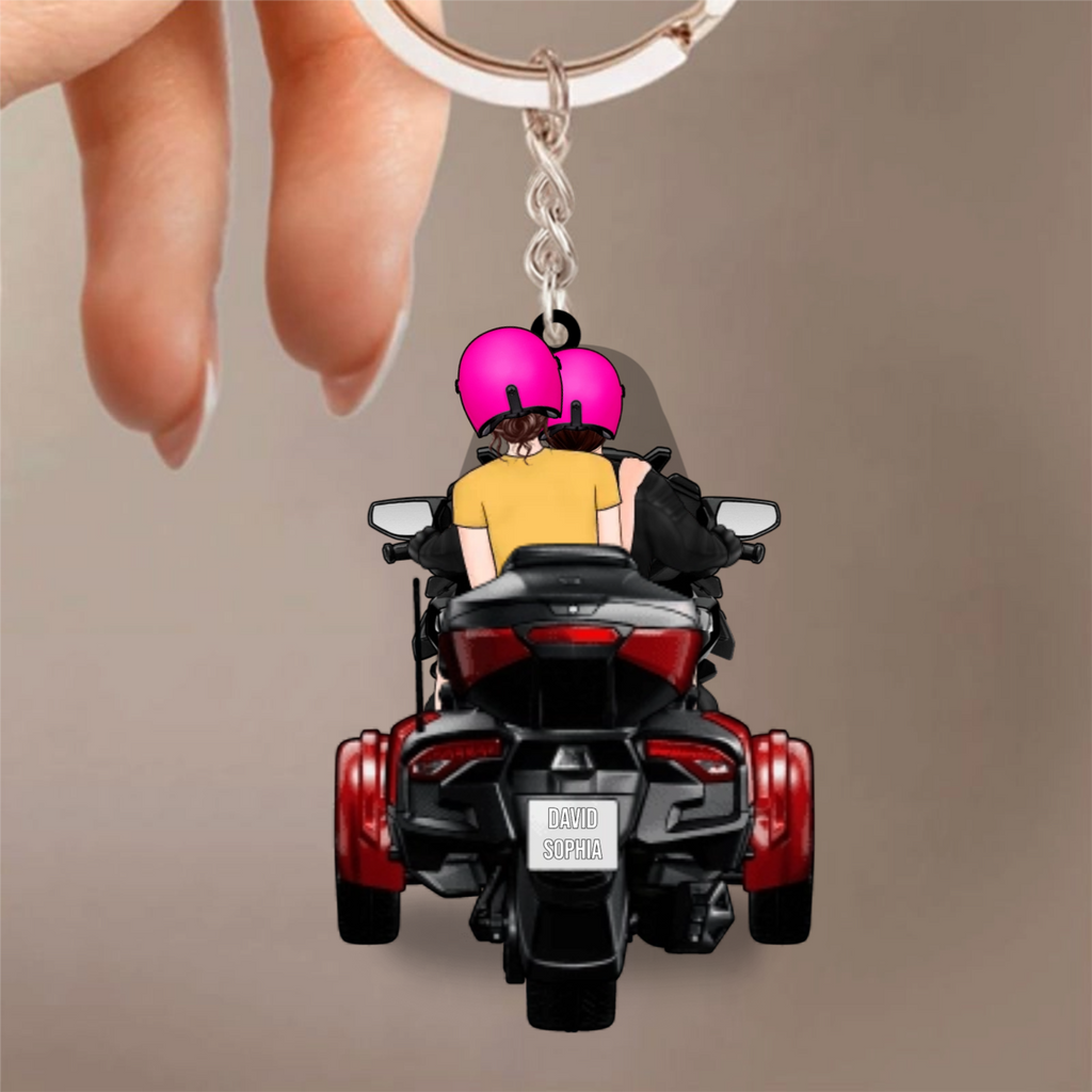 Paar auf Motorrad - Acrylschlüsselanhänger mit Figuren und Namen