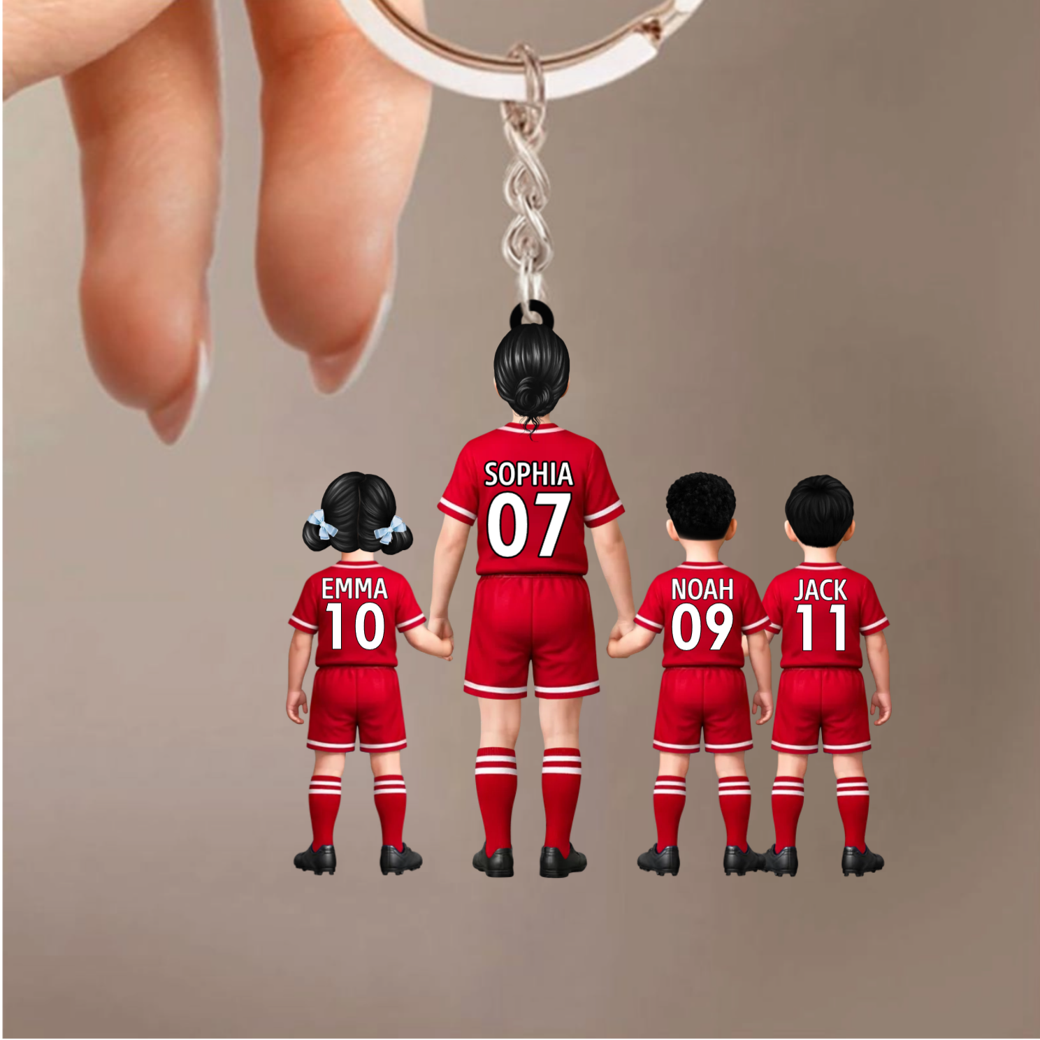 Fußballmama und Kinder- Acrylschlüsselanhänger mit Trikots und Namen
