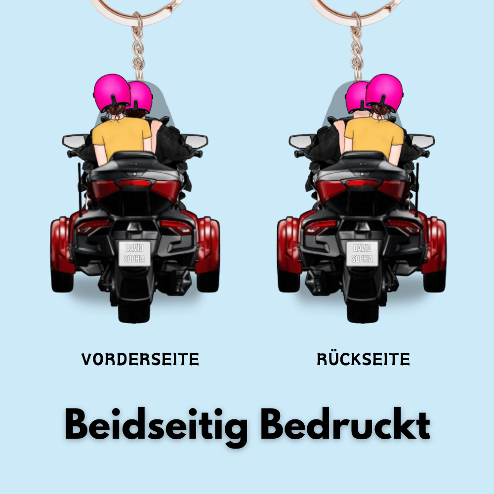 Paar auf Motorrad - Acrylschlüsselanhänger mit Figuren und Namen
