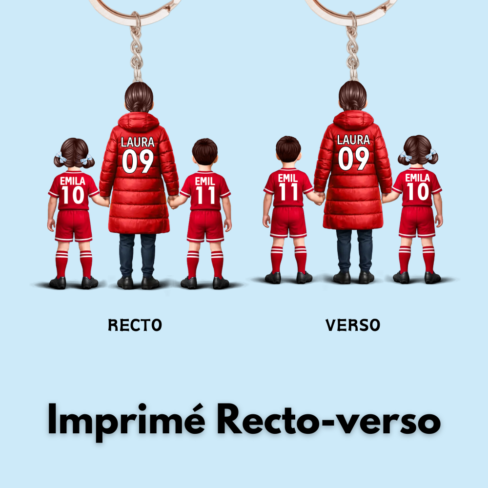 Fußballmama und Kinder- Acrylschlüsselanhänger mit Trikots und Namen