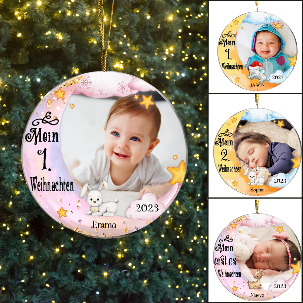 Schlafendes Baby Mondmotiv Weihnachtsschmuck mit Foto, Wunschname, Wunschnummer Acrylschmuck