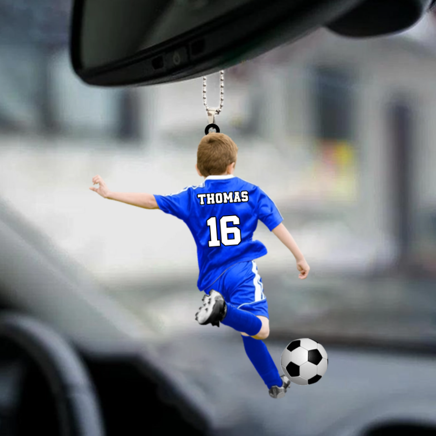 Fußballkind-Personalisierter Autoanhänger aus Acryl Geschenk für Junge