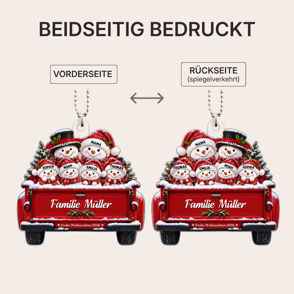 Personalisierter Acryl-Weihnachtsanhänger – Schneemannfamilie mit Namen