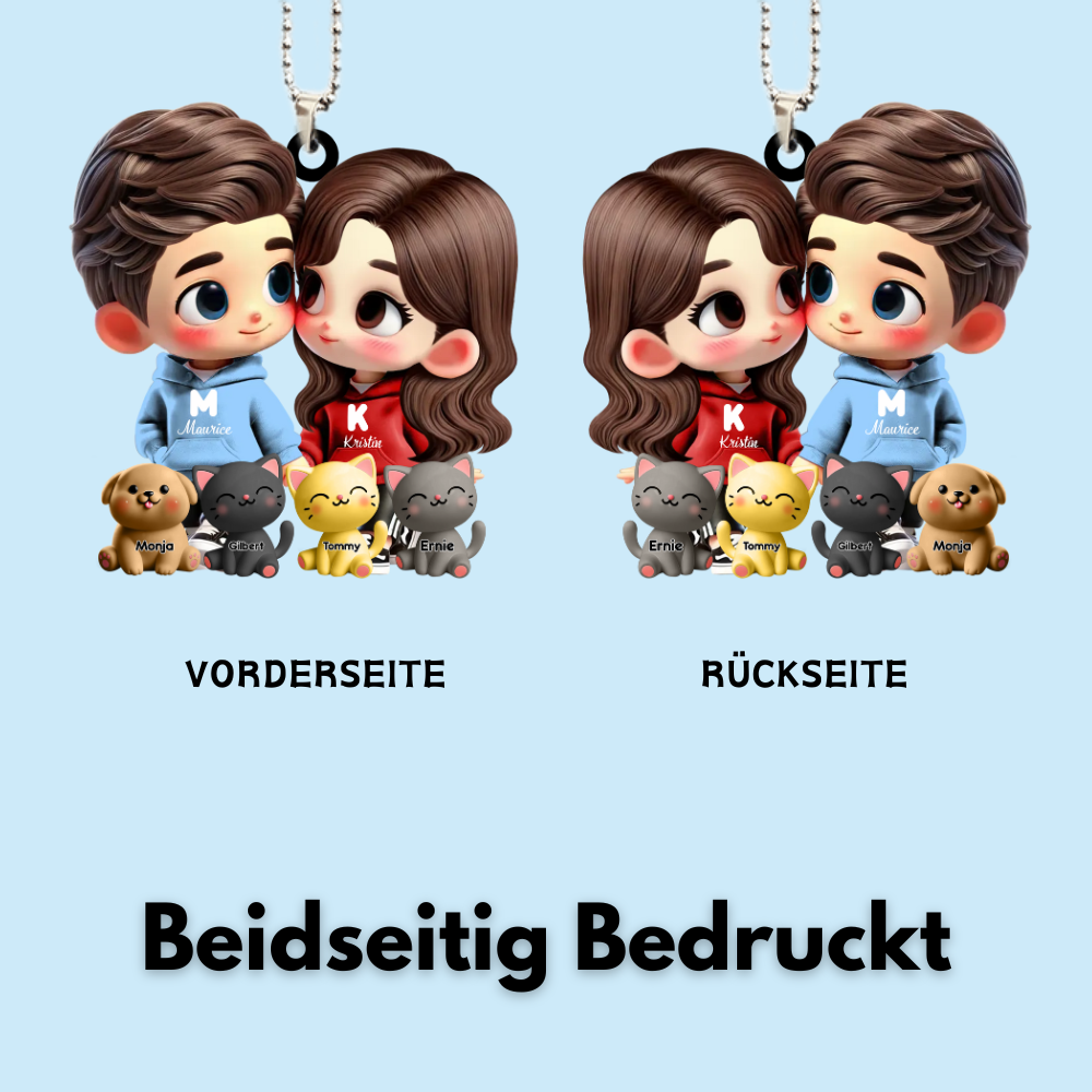 Cartoon-Paar mit Haustieren- Personalisierter Autoanhänger Geschenk für Paar