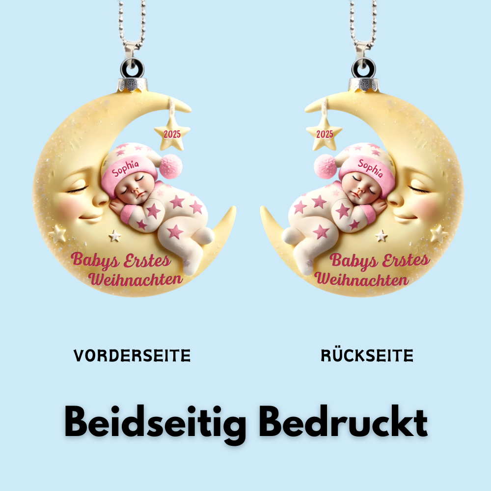 Babys erstes Weihnachten – Personalisierter Acryl-Anhänger „Baby auf Mond“