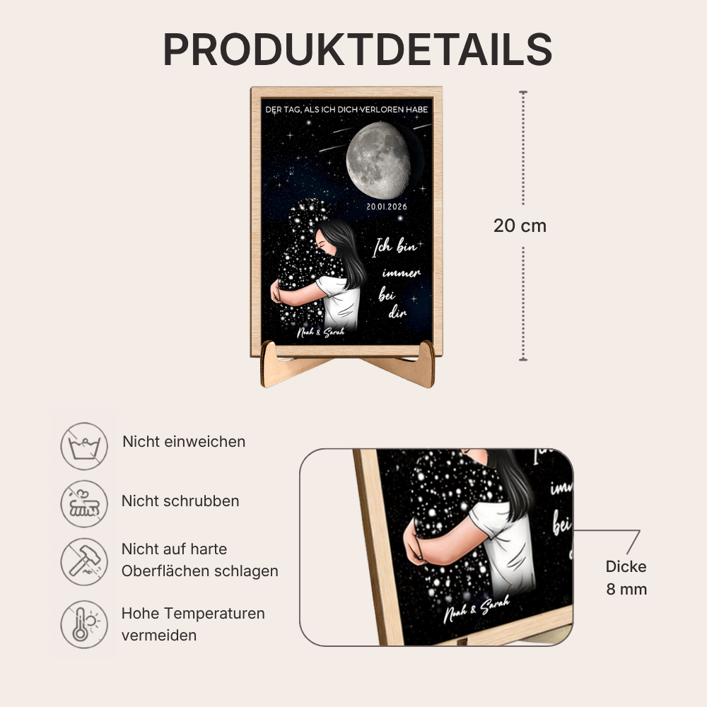 Personalisierter Holzaufsteller mit Mondphase zum liebevollen Gedenken Trauergeschenk