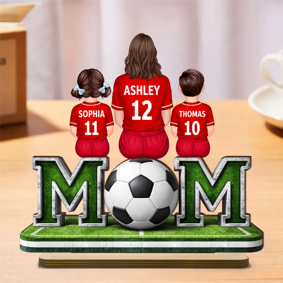 MOM-Personalisierter Holzaufsteller mit Fußballmotiv Mama und Kinder
