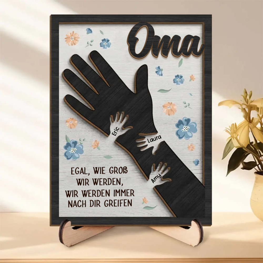 Personalisierte Holztafel mit Hände für Mama und Oma