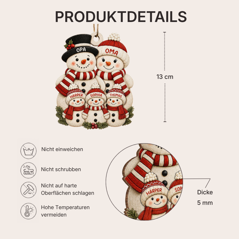 Personalisierter Holz-Weihnachtsanhänger mit Namen – Schneemannfamilie