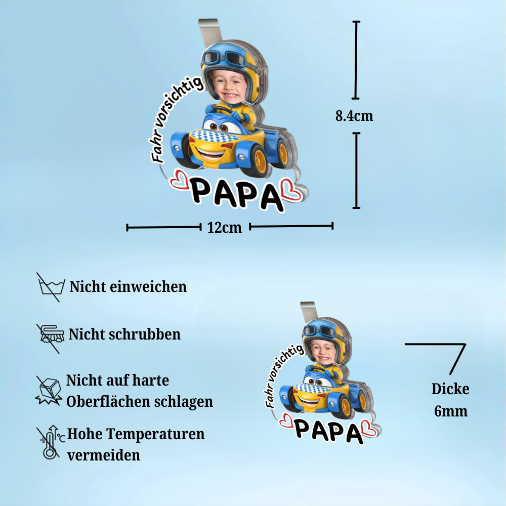 Kind und Niedliche Rennwagen-Sonnenblendenclip mit Foto "Fahr Vorsichtig, Papa"