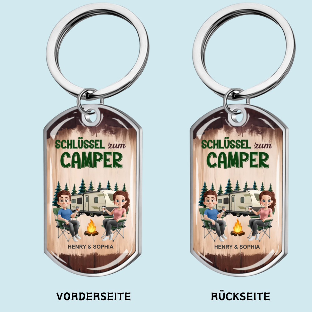 "Camping-Paar" Personalisierter Edelstahl-Schlüsselanhänger mit Expoxidharz