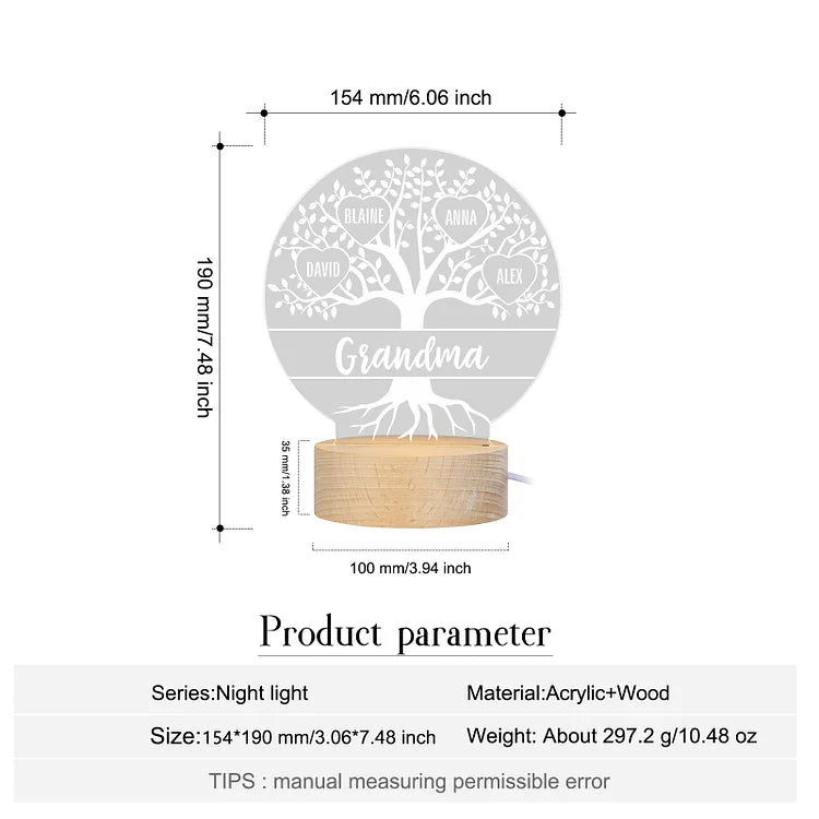 LED Nachtlicht mit Familienbaum, Wunschtext und 1-10 Namen personalisiert