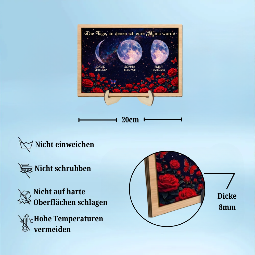 Rosen und Mondphasen - Personalisierter Holzaufsteller für Mama