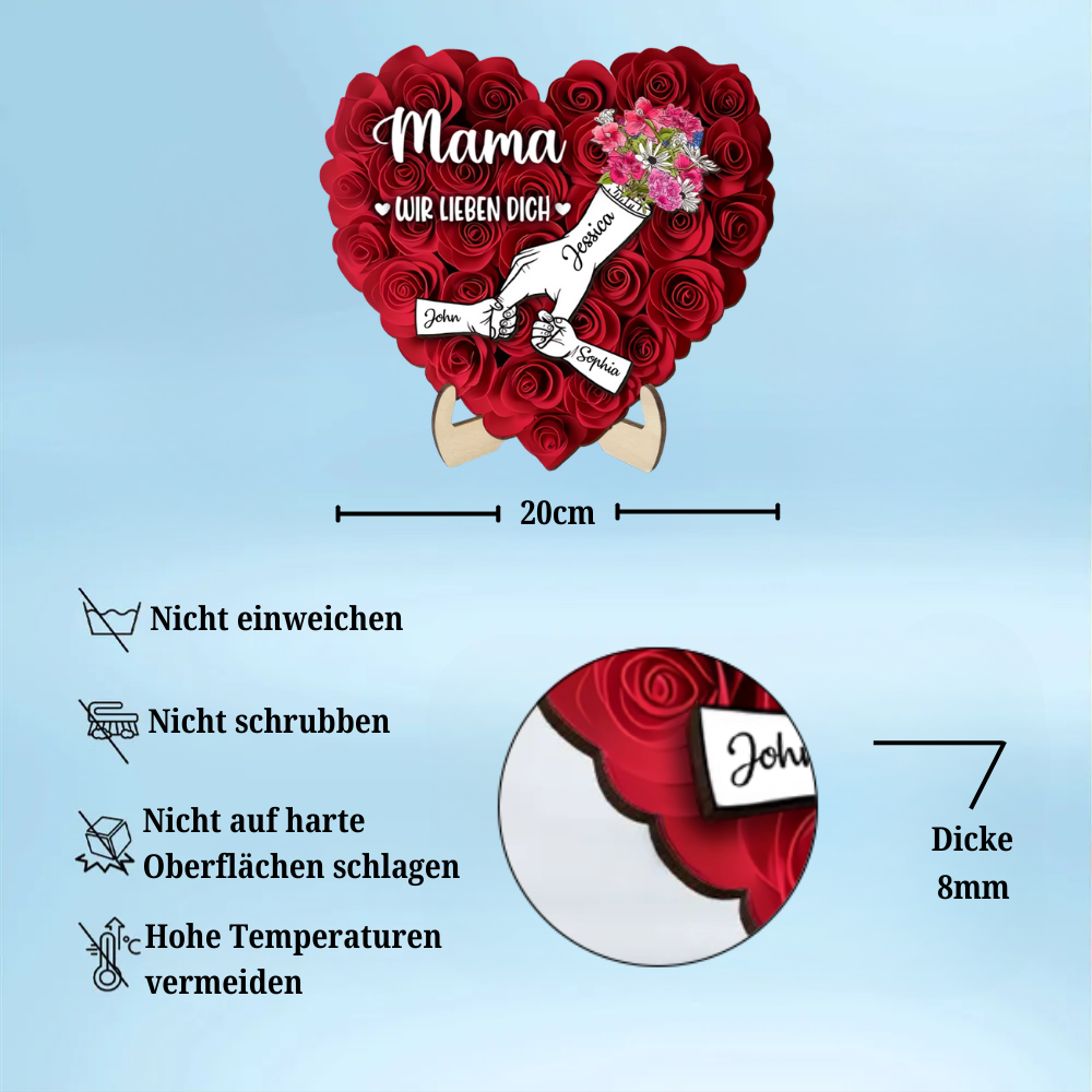 Hand-in-Hand Personalisierte Holztafel mit Rosen Geschenk für Mama und Oma