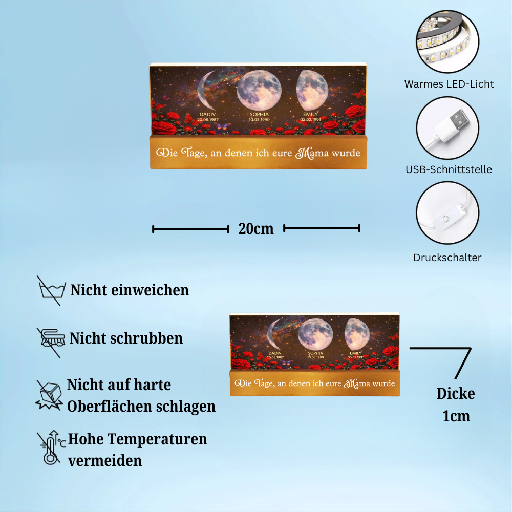 Rosen und Mondphasen- Personalisiertes LED Nachtlicht mit Text und Mondpahsen Geschenk für Mama und Oma