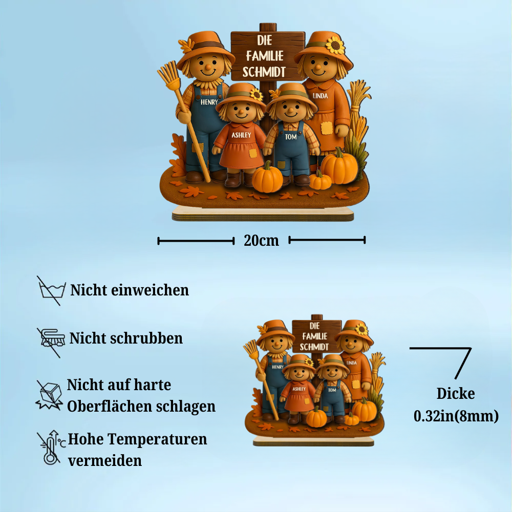 Vogelscheuchen und Kürbisse - Personalisierte Holztafel für Familie