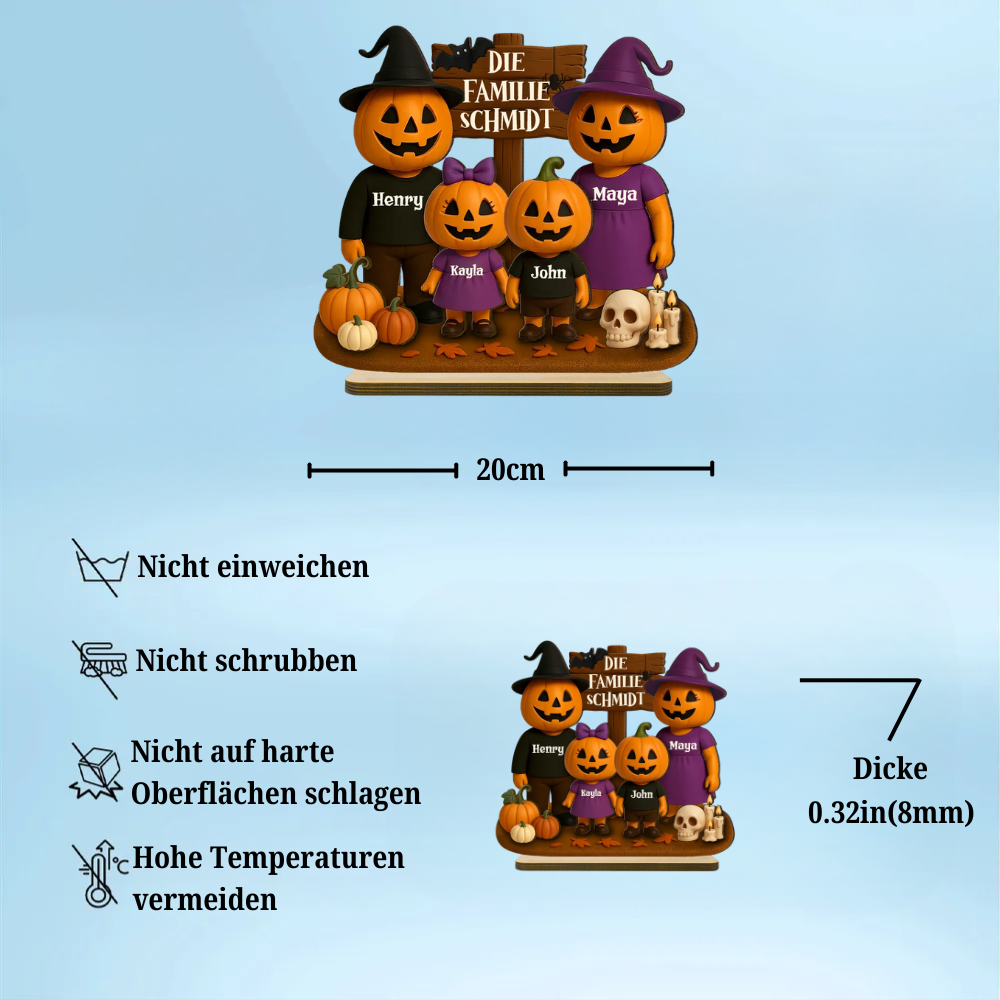 Halloween Familie mit Kürbissen - Personalisierte Holzplakette mit Namen