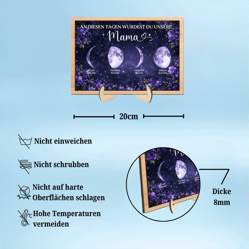 Lila Blumen und Mondphasen Personalisierter Holzaufsteller Geschenk für Mama